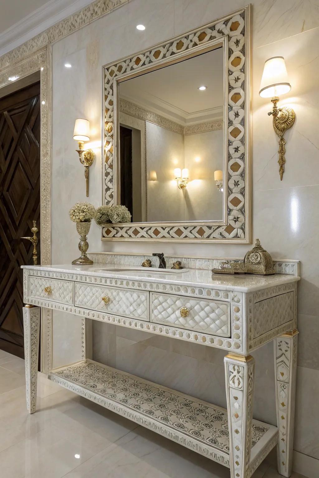 A nacre vanity table adds a touch of glamour and sophistication.