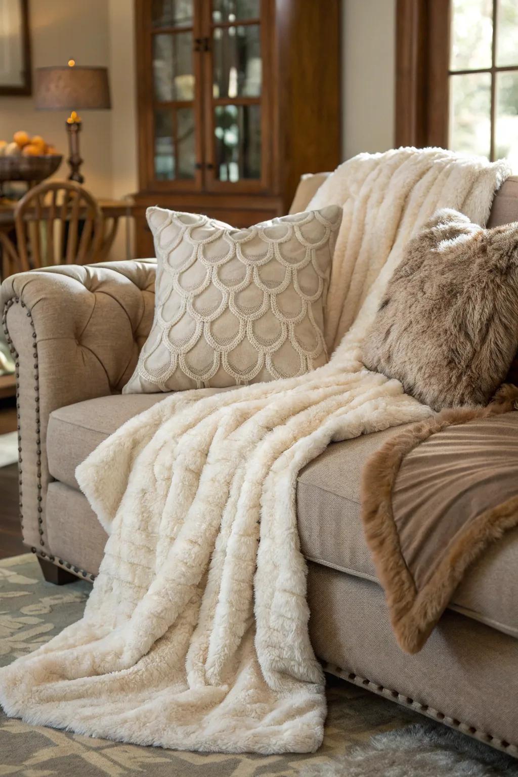 A luxurious touch with plush fur accents in a cozy room.