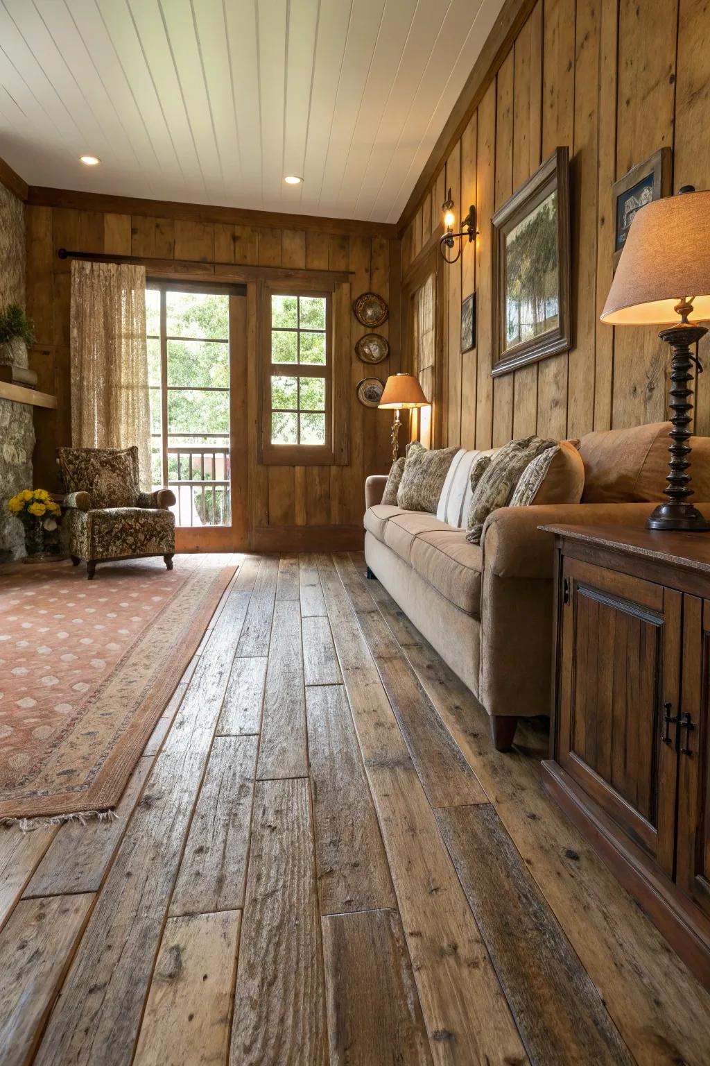 Distressed wood adds rustic charm and character.