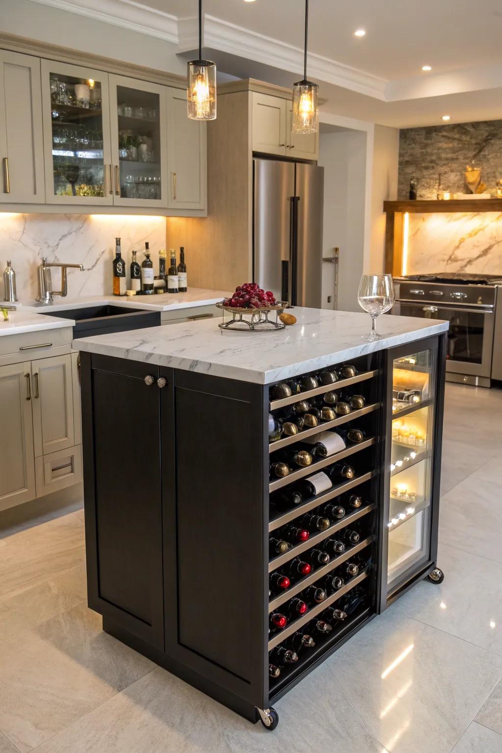 A kitchen island with elegant wine storage
