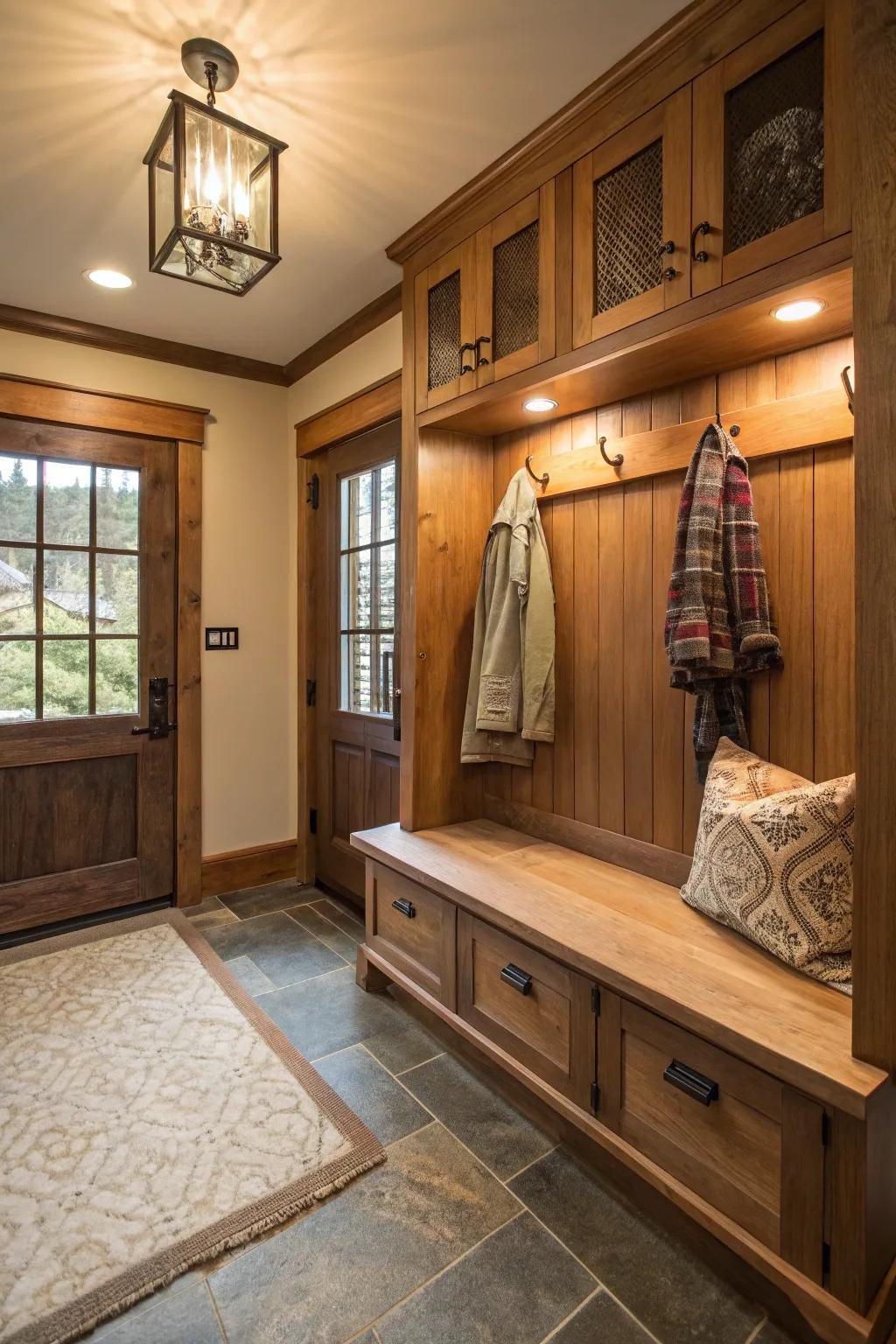 A welcoming mudroom bench enhanced with warm lighting for a more cozy atmosphere.