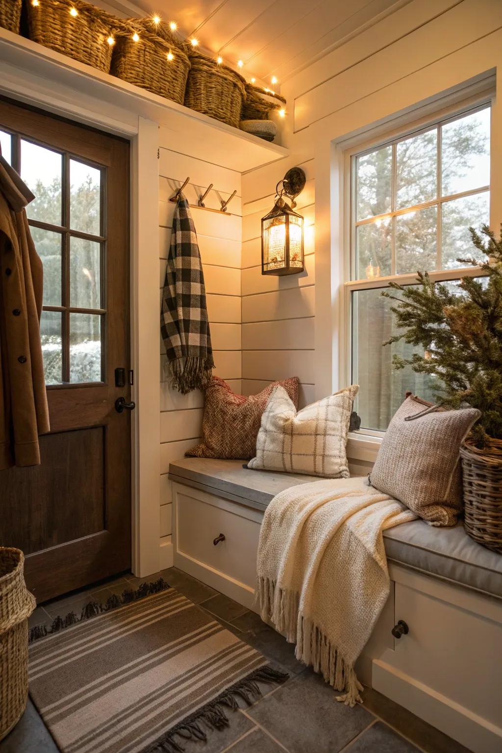 A relaxing corner introduces warmth and comfort to the mudroom.