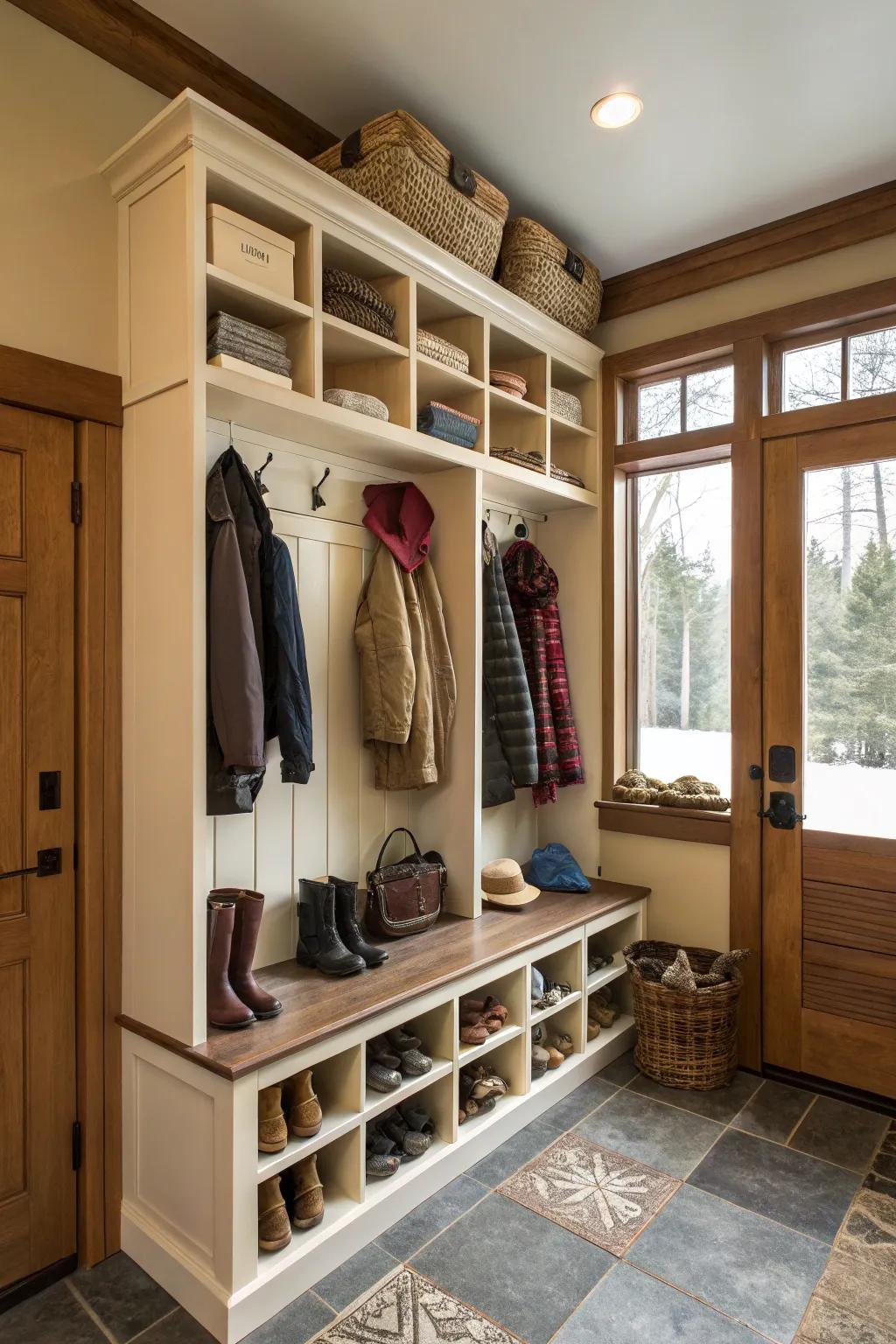A mudroom with open shelves makes it easy to grab and see everything.