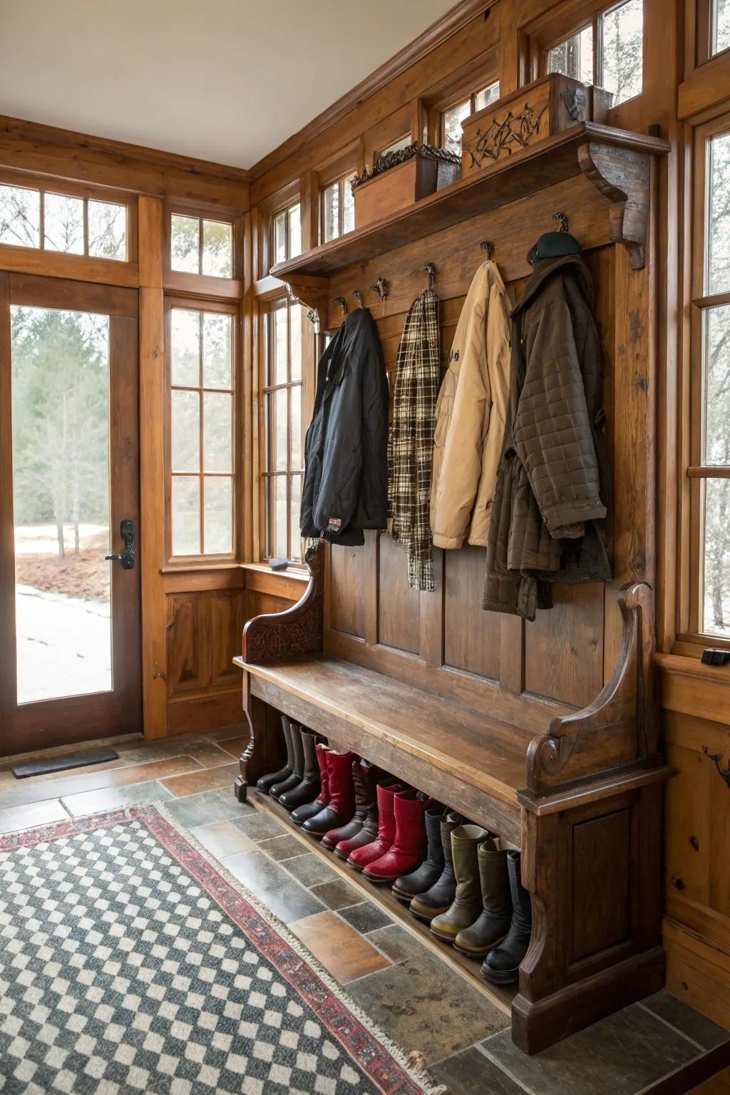 Mudroom with an antique seating arrangement serving as a centerpiece.