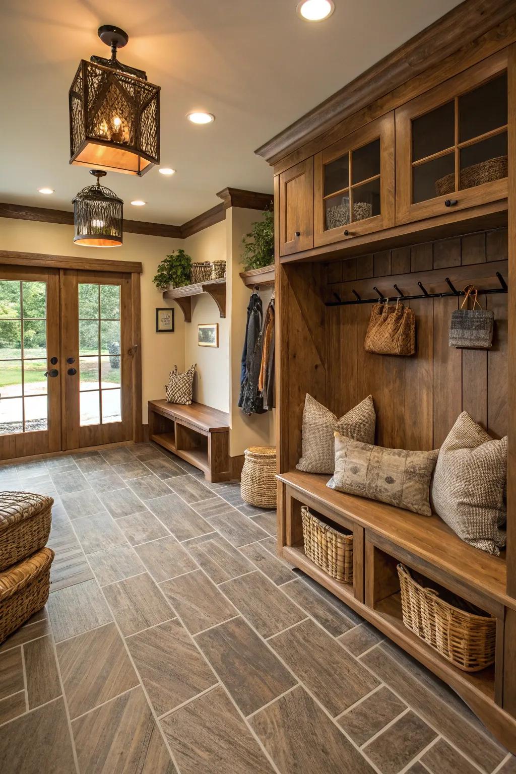 Timber style tiles providing warmth to a mudroom