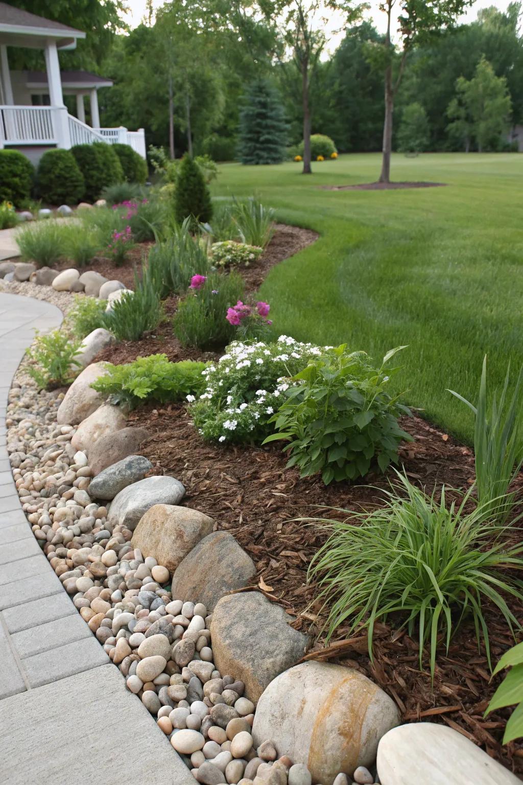 Stones and mulch establish a balanced garden perimeter.