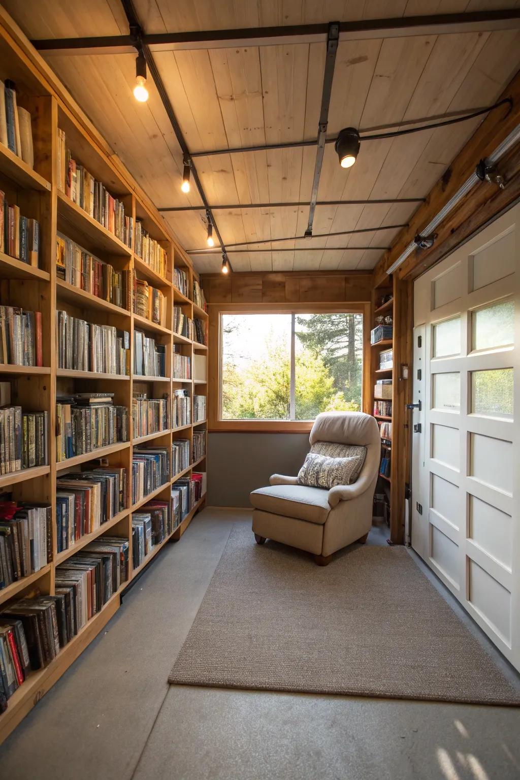 A tranquil book nook created in a garage.