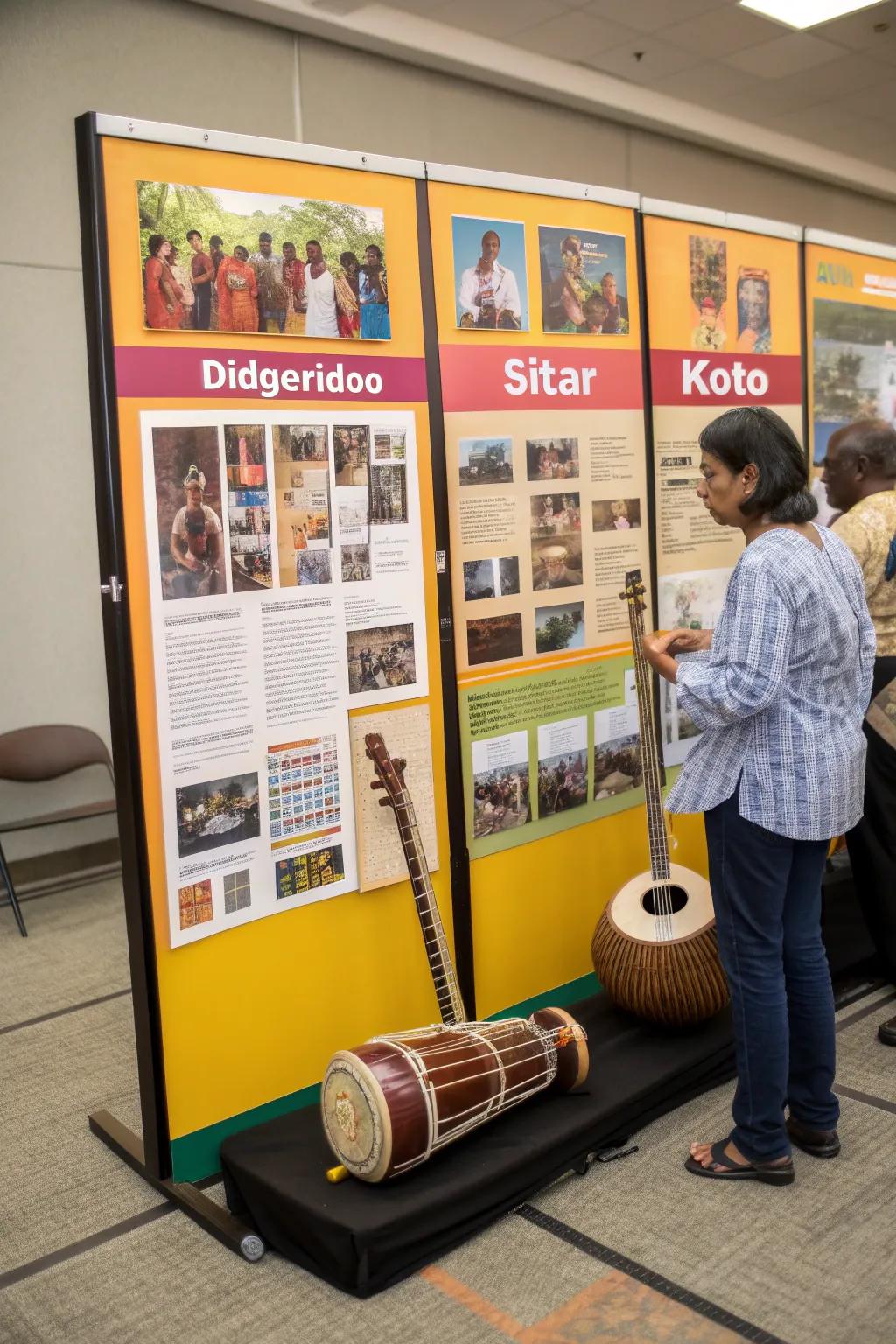 An international melody exploration bulletin board showcasing global instruments.
