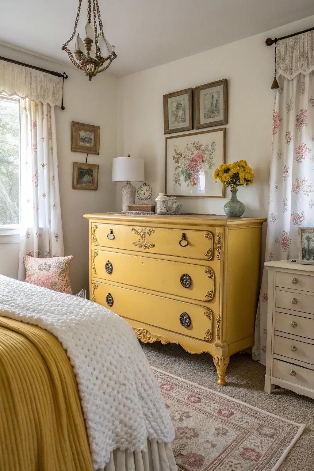 A bedroom using an old yellow dresser and design.