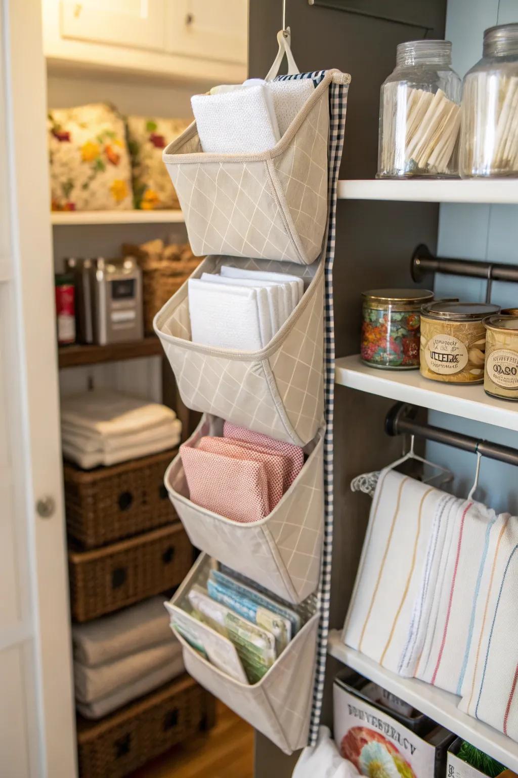 Hanging organizers make storing napkins convenient and accessible.