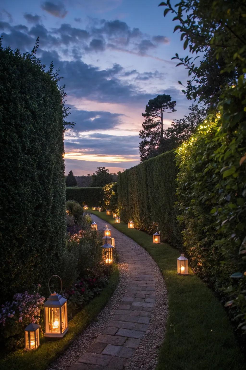 Open-air lighting adds warmth and enchantment to a slim garden at night.