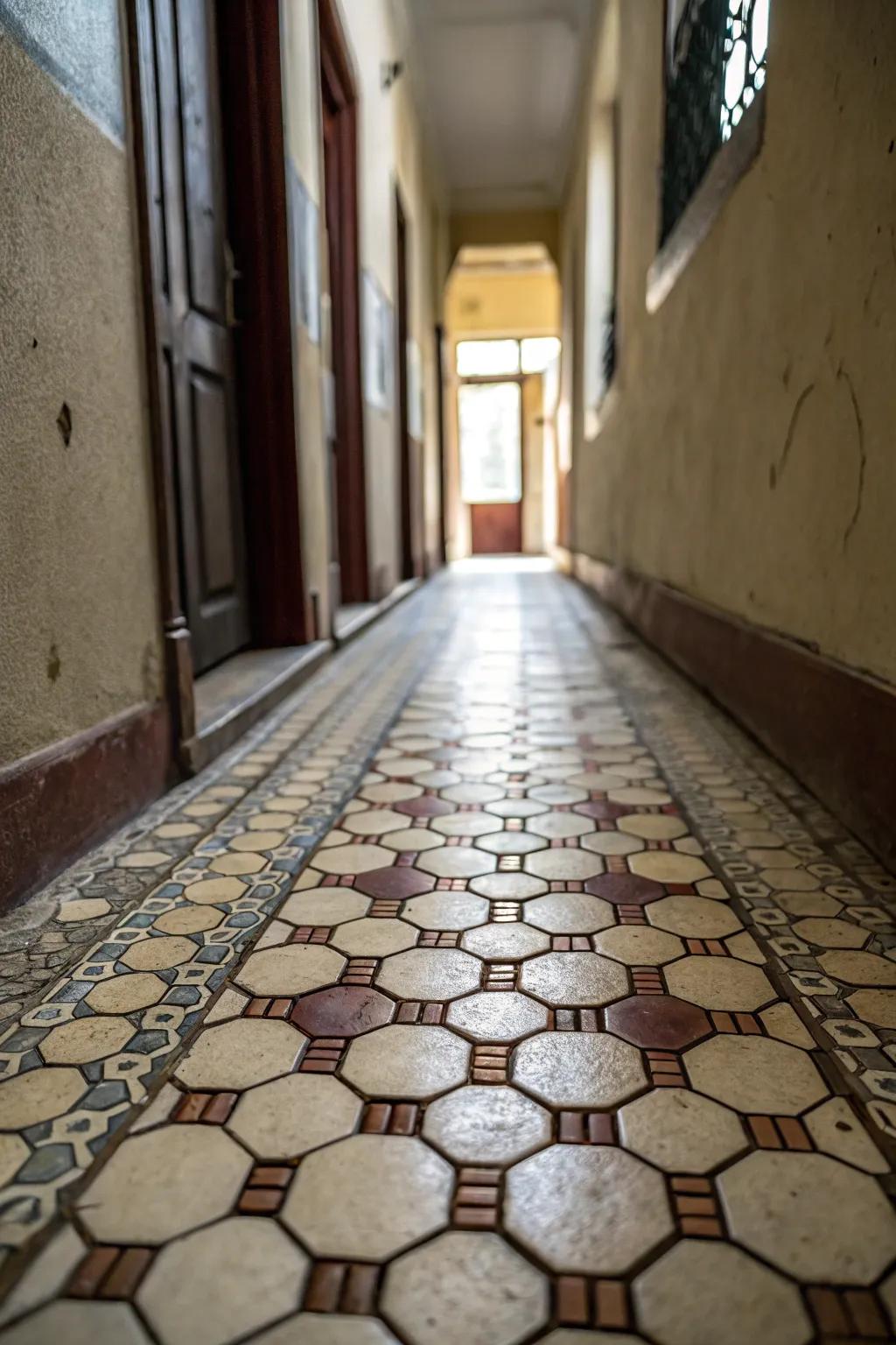 Six-sided tiles add a distinctive geometric touch to narrow hallways.
