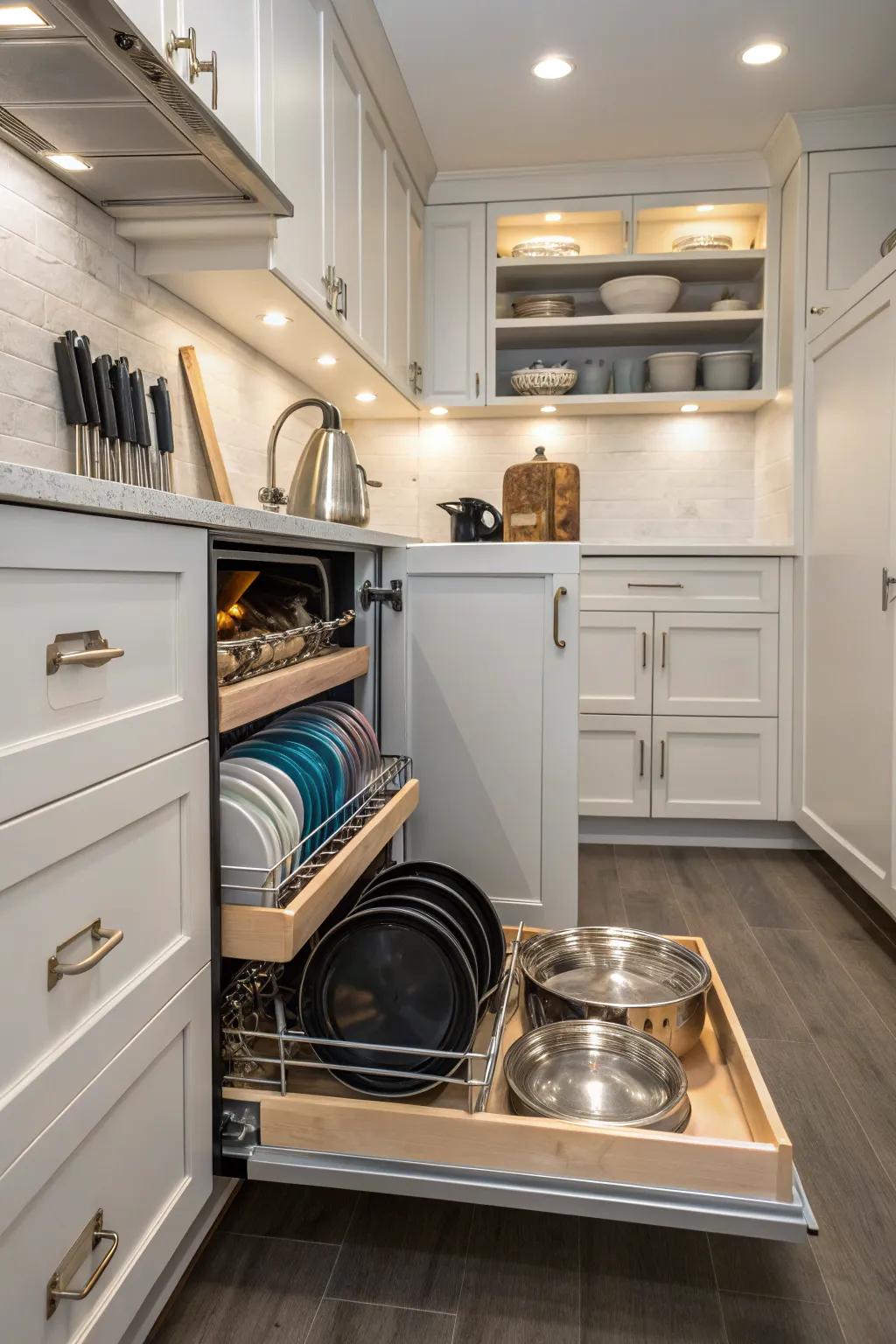 Under-cabinet storage with extendable trays in a slim kitchen.