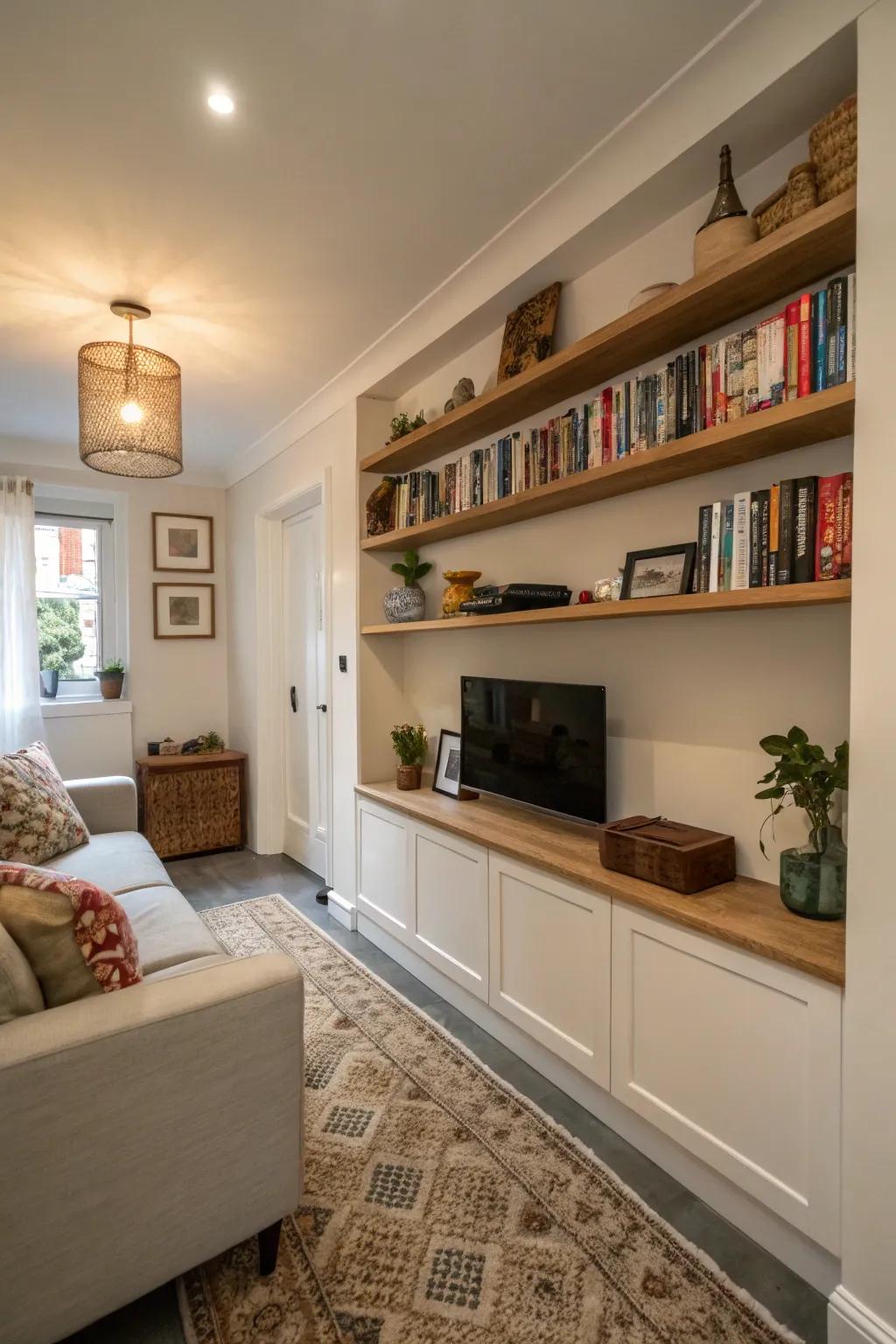 Open floating shelves introducing storage without cluttering a confined living area.