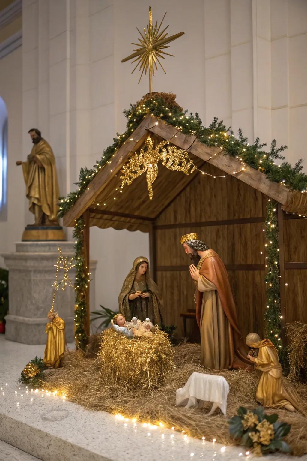 Gilded decorations add a touch of elegance to your nativity scene.