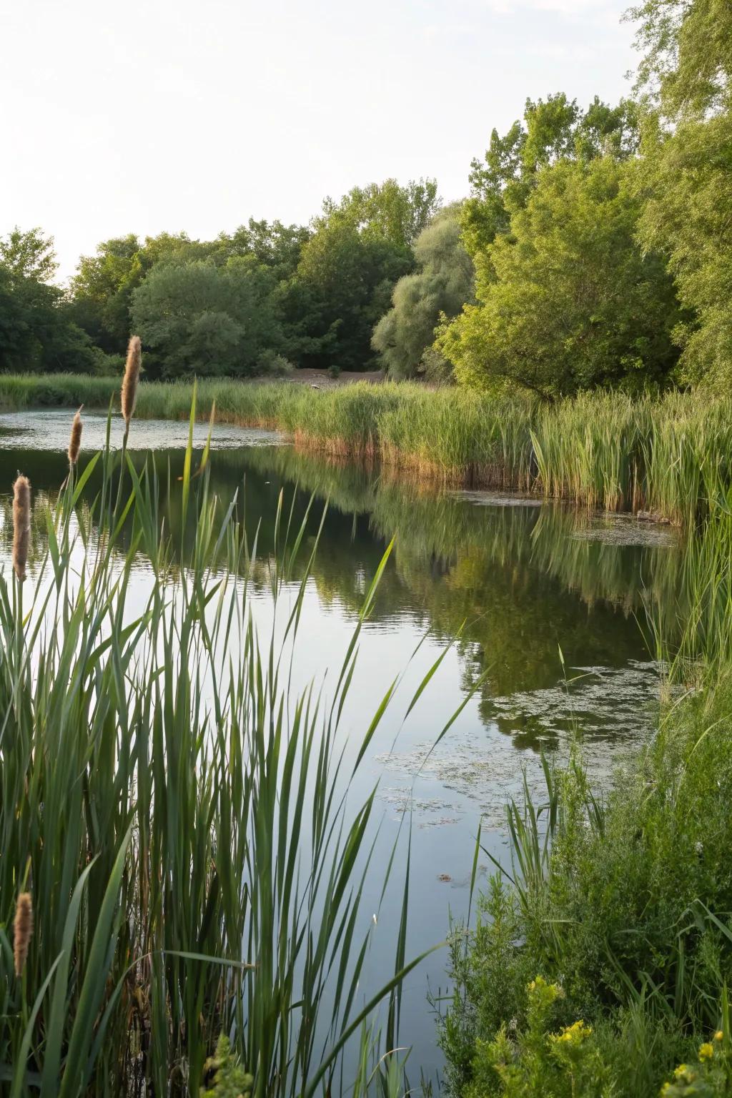 Spire botanicals affording vertical interest and a natural backdrop for a pond.