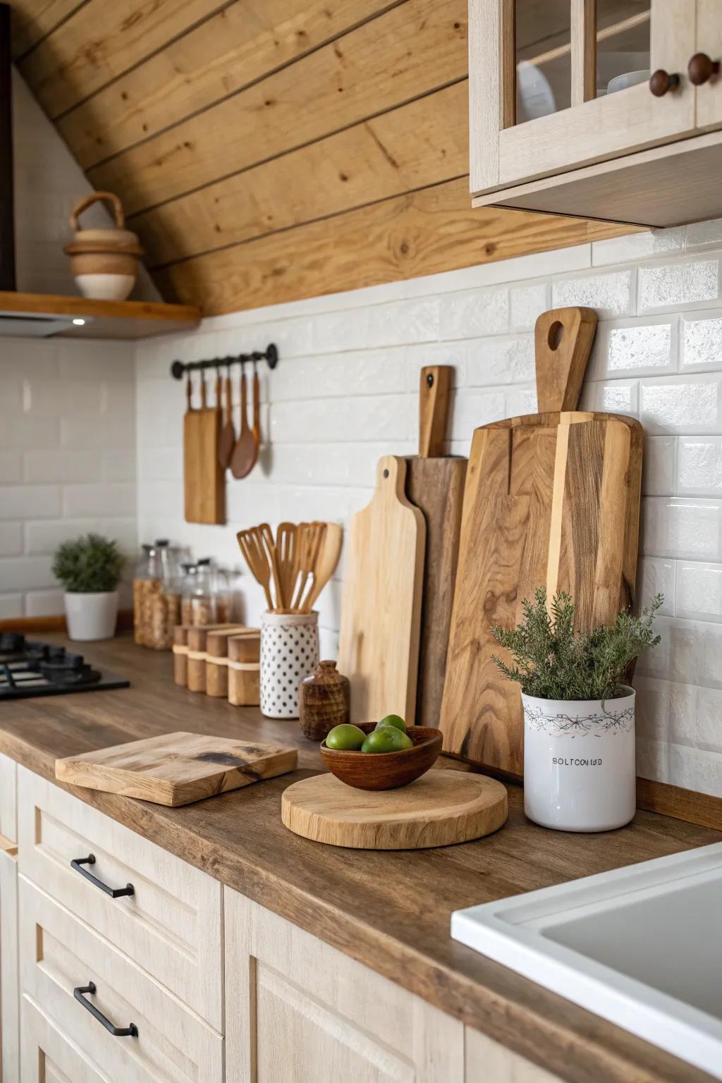 Small timber accents that subtly enhance the kitchen's warmth.