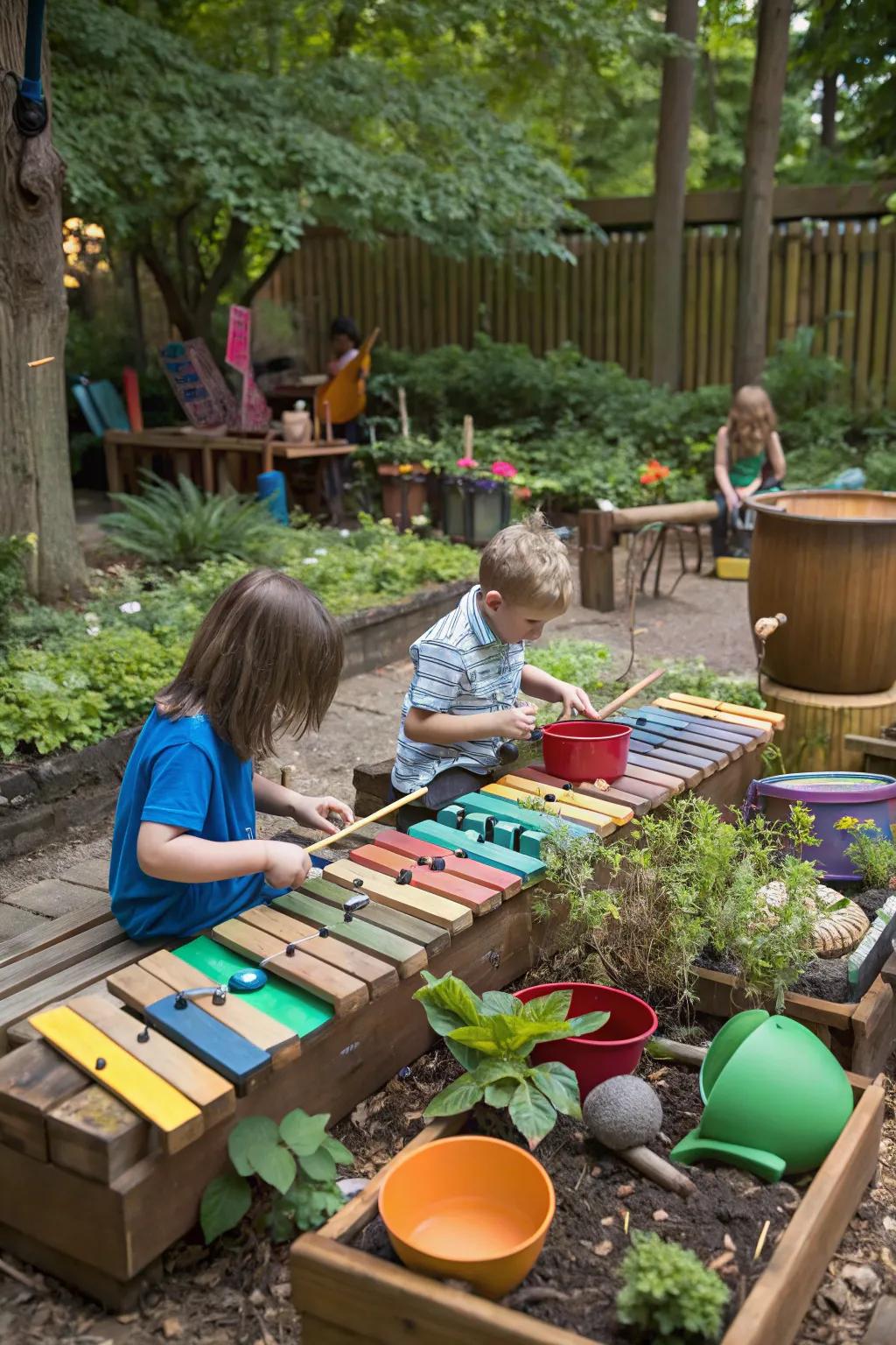 Melodic gardens let kids create outdoor symphonies.
