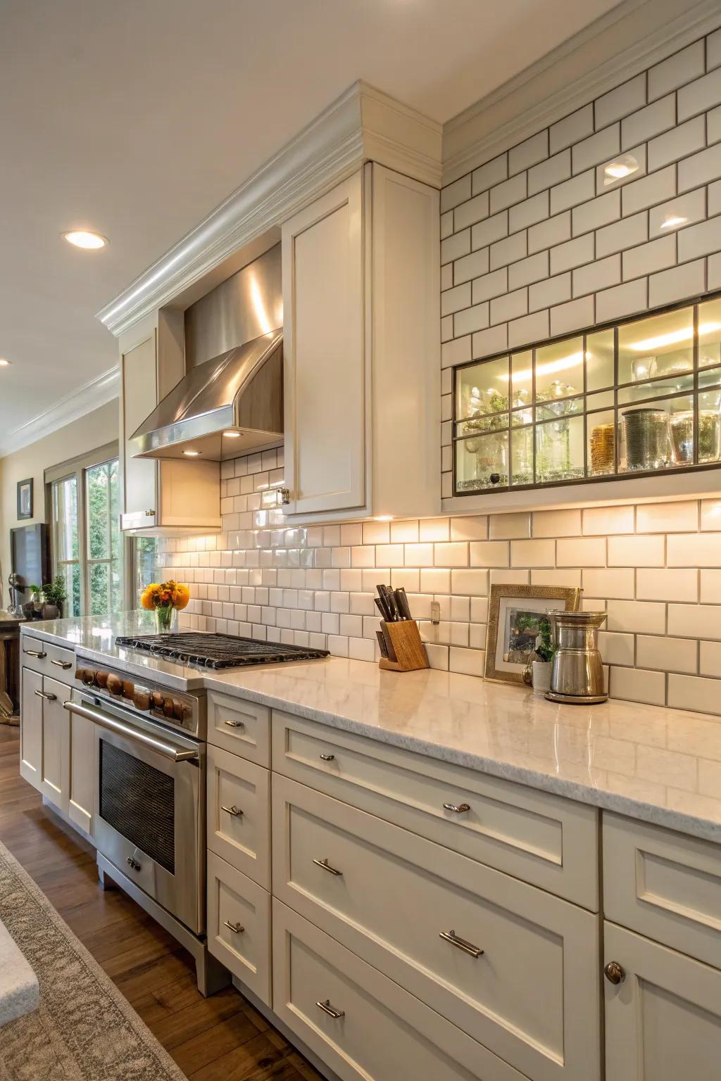 Shiny brick-style tiles add a hint of glamour to the kitchen.