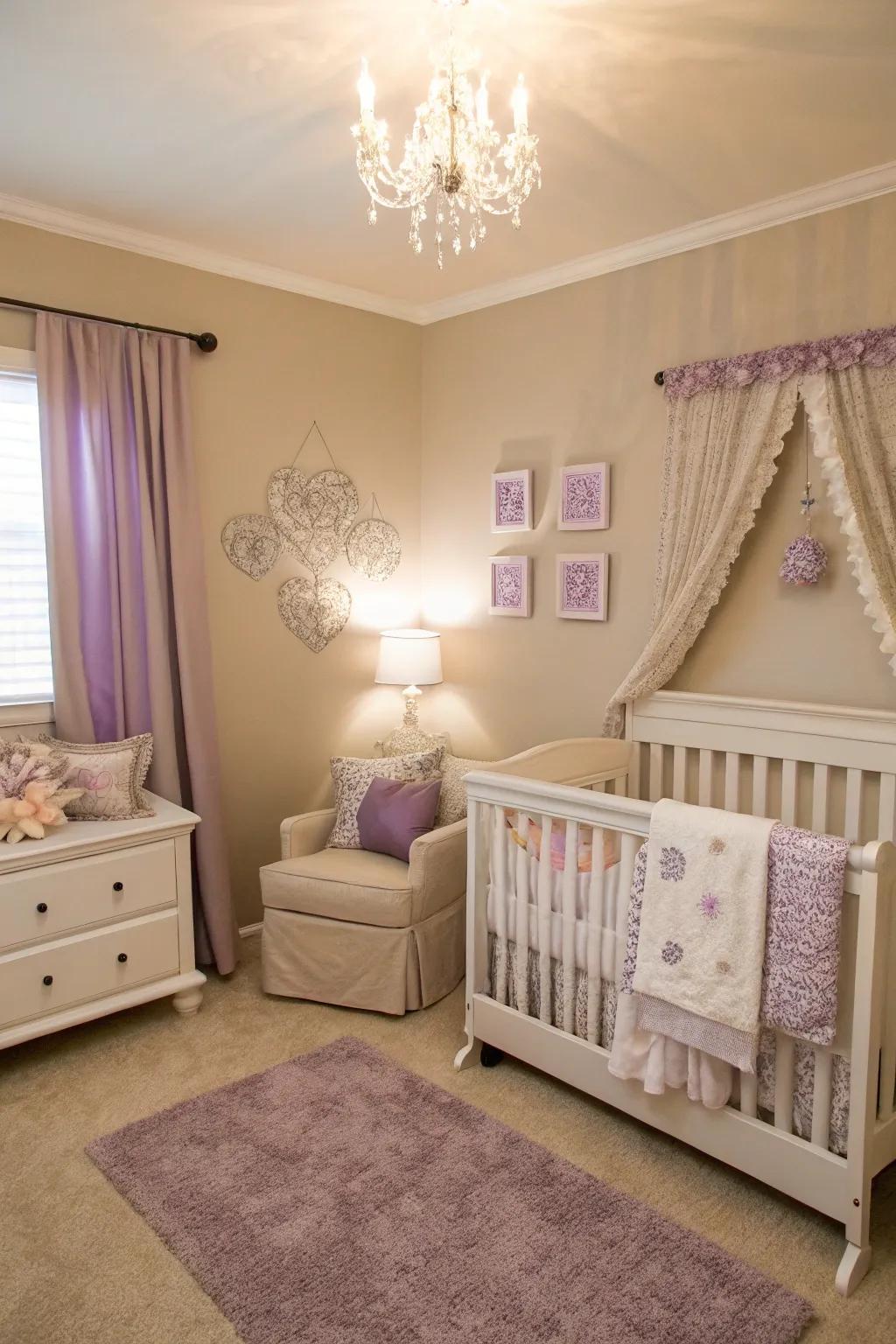 A nursery with elegant lavender hints.