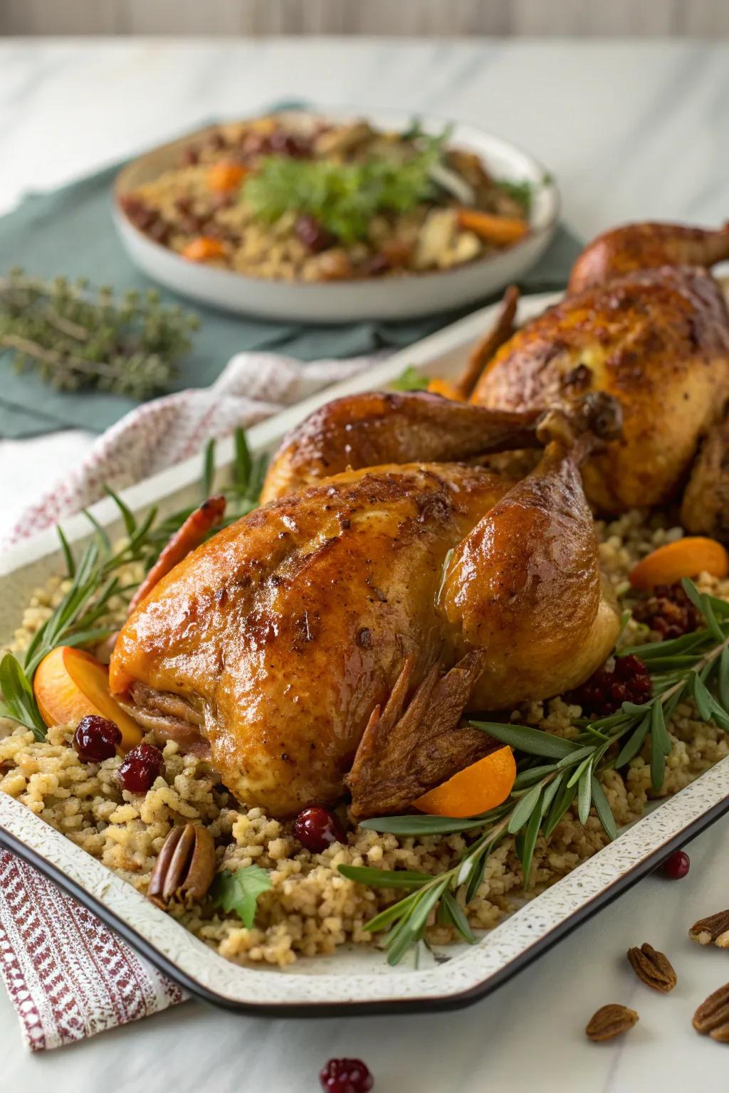 Glazed small fowl with pecan-rice stuffing, adding an elegant touch to the New Year's table.