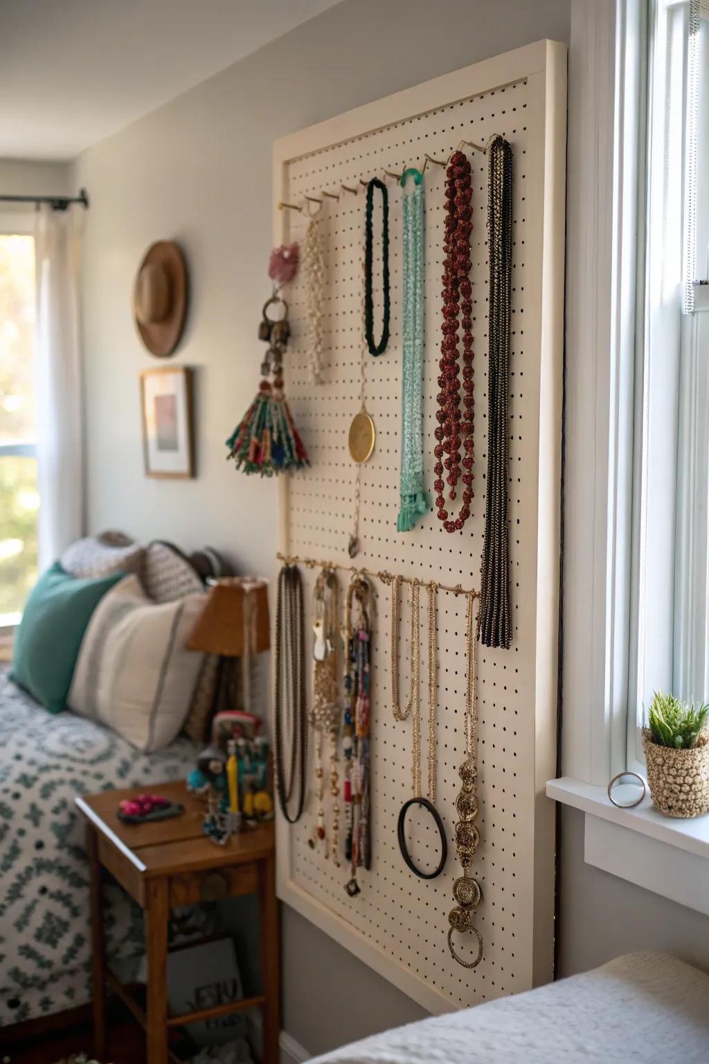 Perforated boards offer customizable storage solutions.