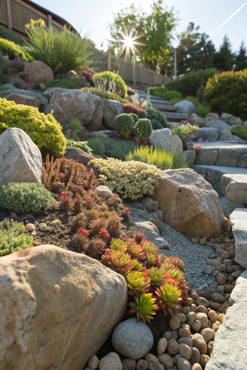 An impressive stone garden featuring many rocks and hardy plants.
