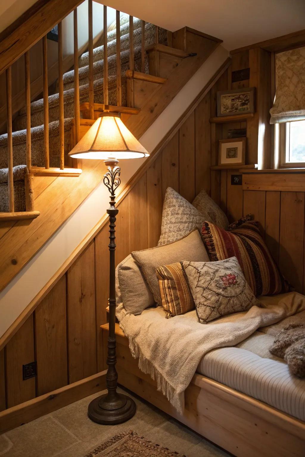 A cleverly designed nook under the stairs, perfect for quiet moments.