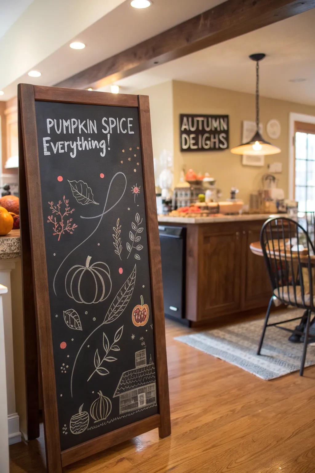 A playful pumpkin spice themed whiteboard that celebrates fall flavors.