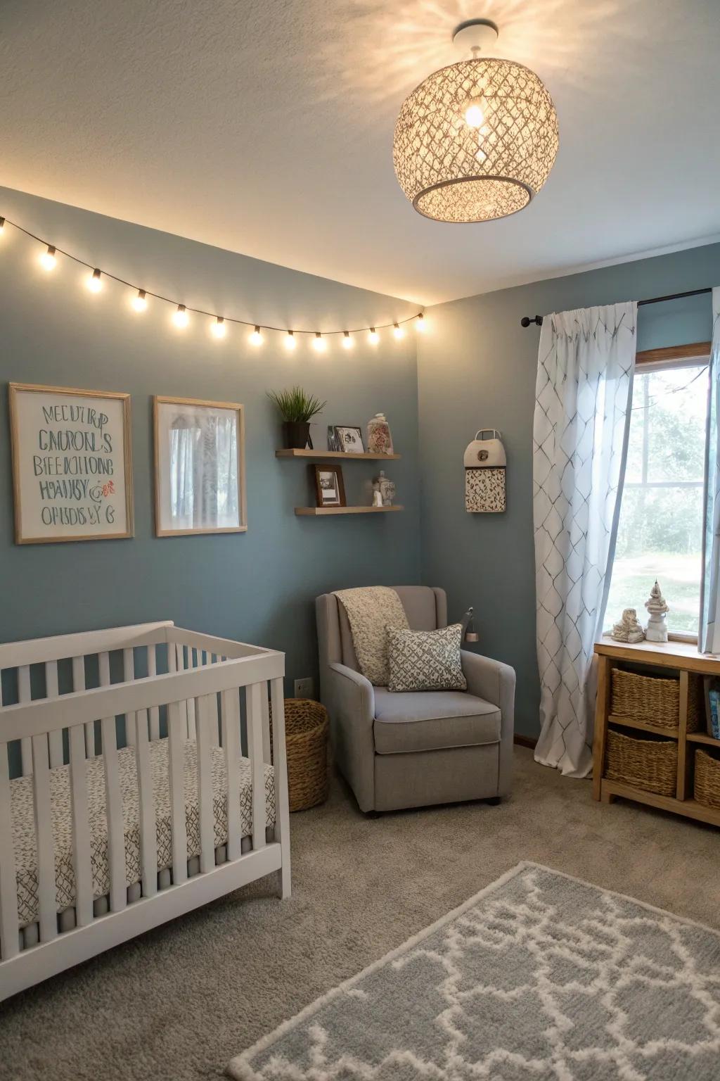 An invigorating nursery featuring grey-blue tones.