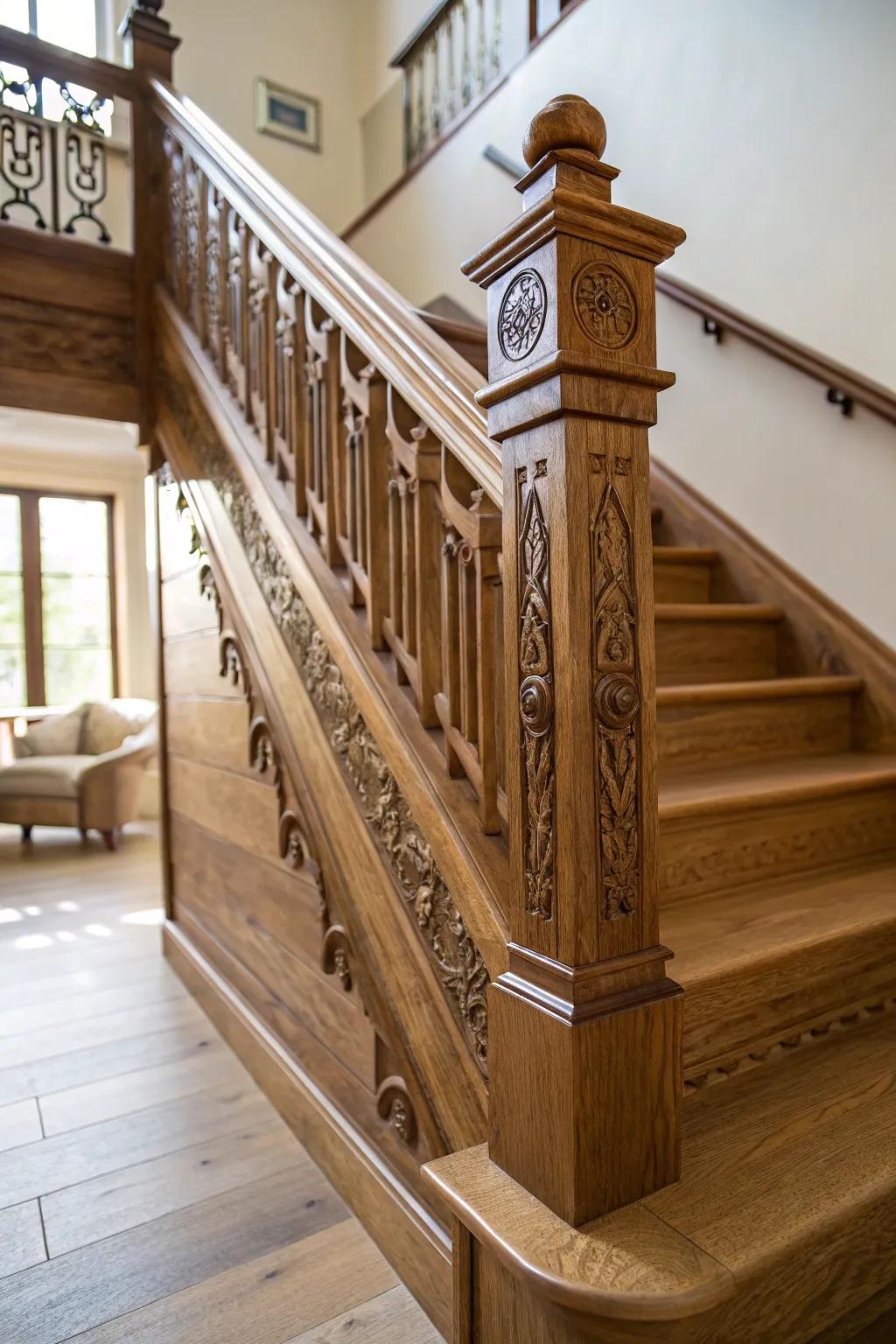 A bespoke grab rail adding elegance and security to an oak staircase.