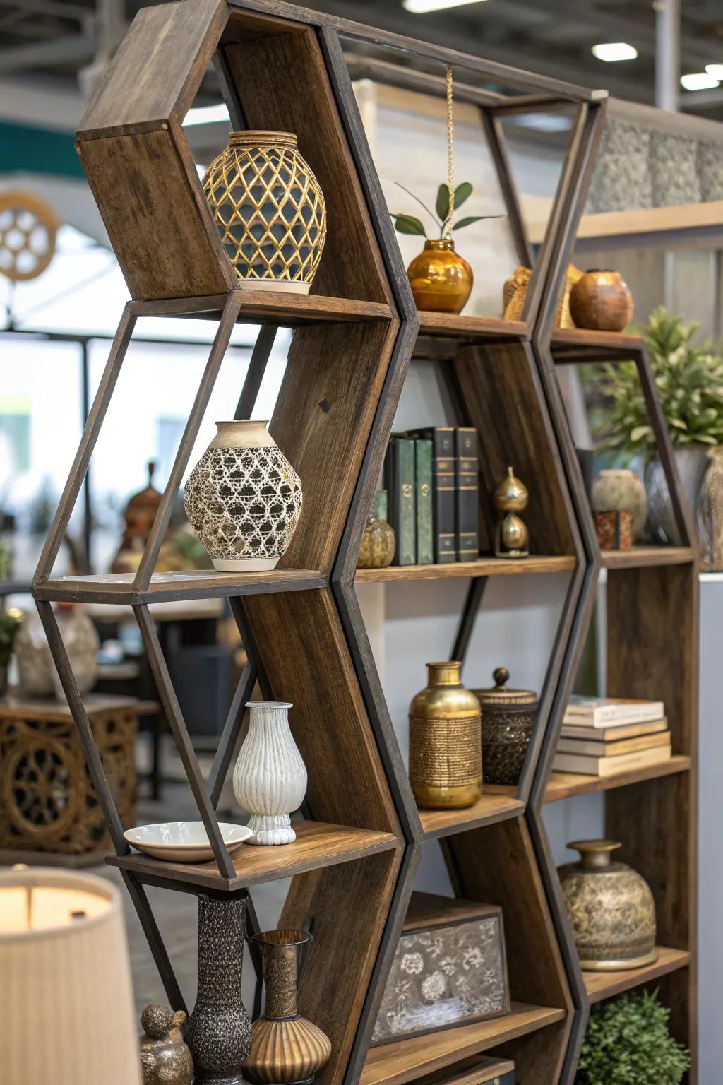 An eclectic mix of textures on octagon shelves.