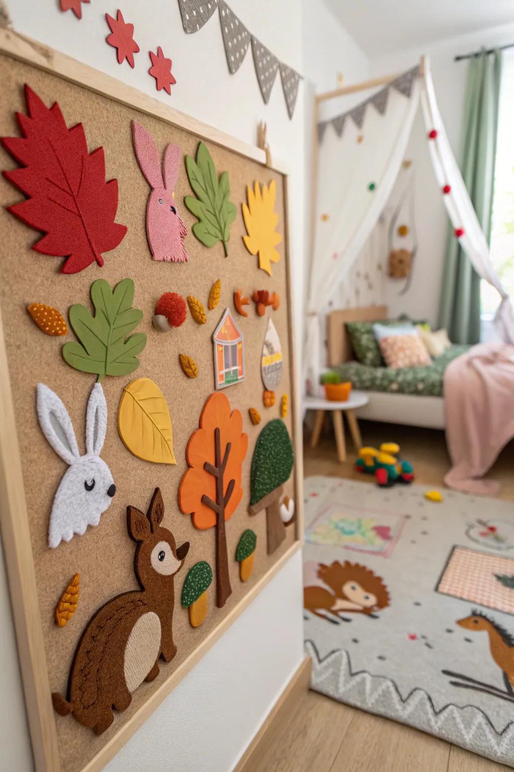 A child's bedroom bulletin board with a whimsical woodland theme.