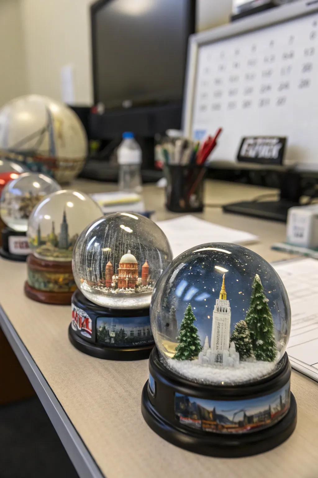 A snowy scene sphere collection adds a touch of nostalgia and whimsy.