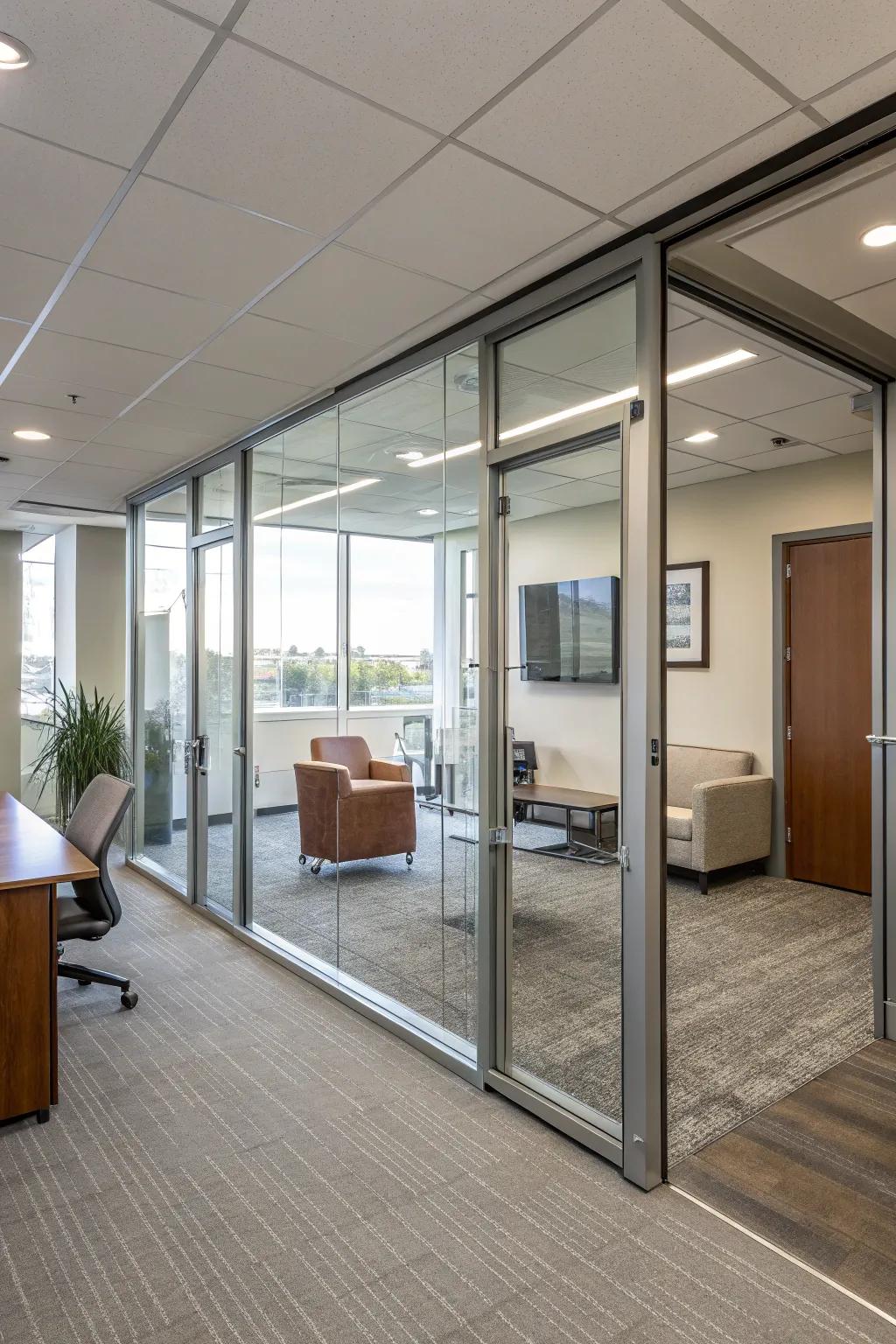 Glass pocket entrances offer chic and smooth transitions in offices.