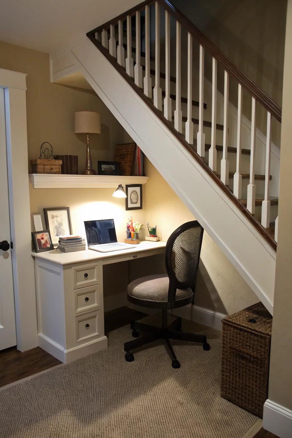 Repurpose overlooked spaces for a functional office setup.