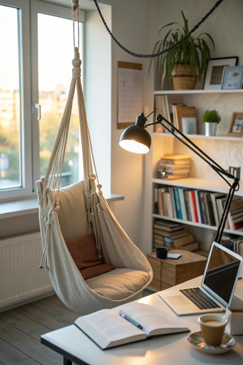 A hanging chair adds a whimsical and modern touch to this office reading area.