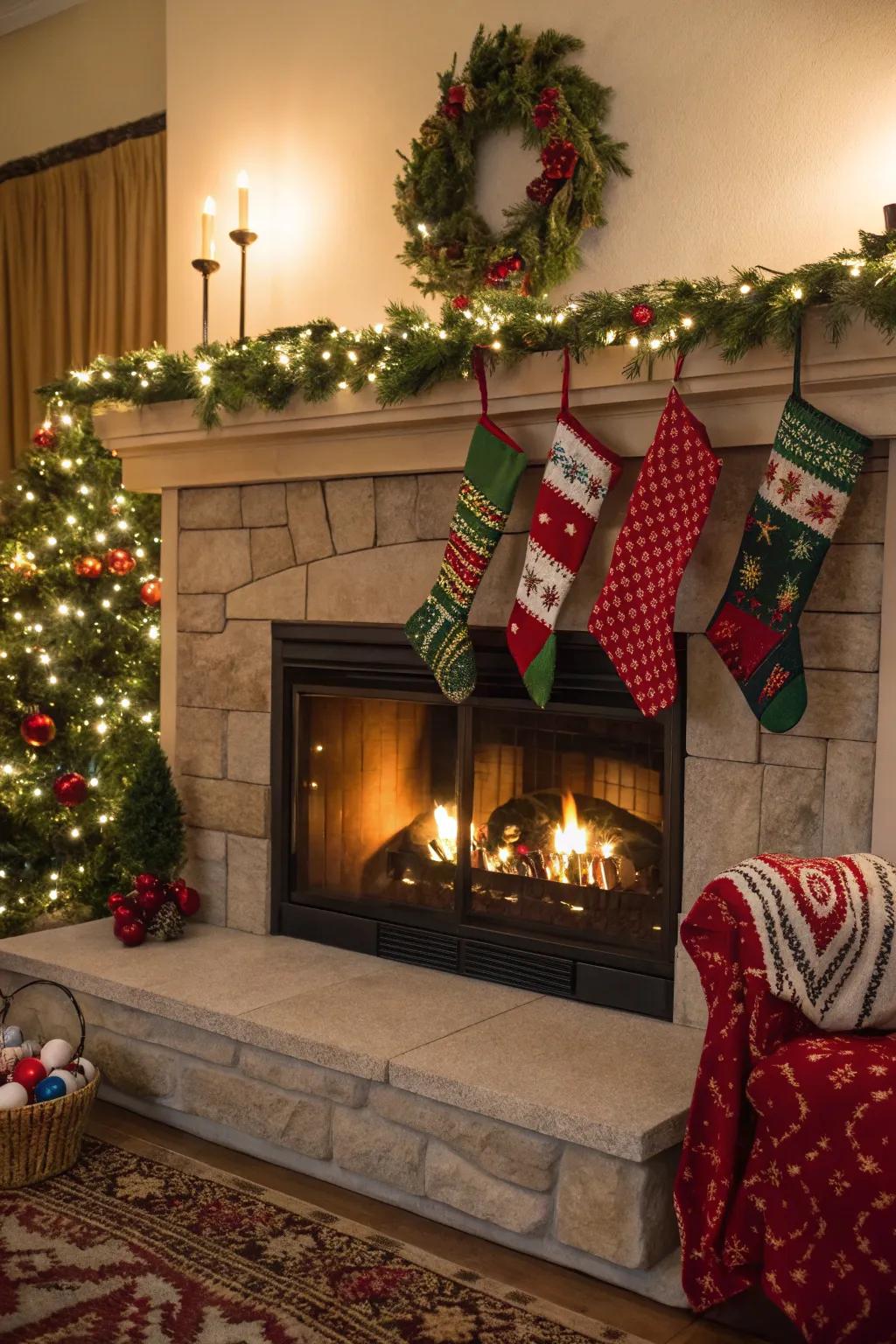 A decorated fireplace serves as the home's cozy holiday heart.