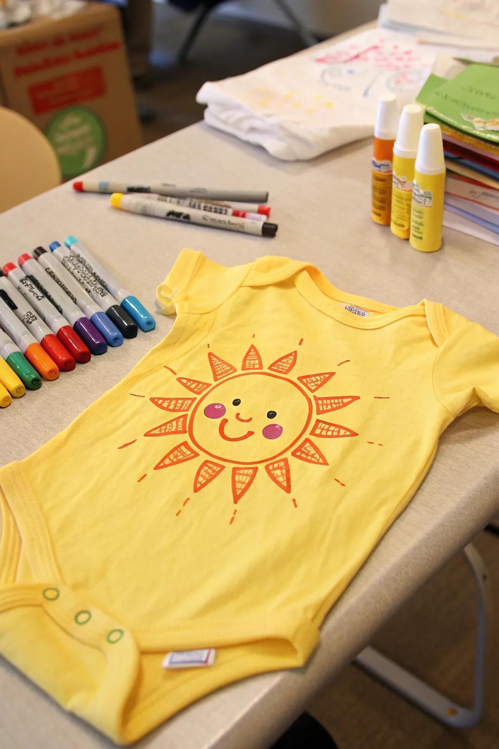 A creatively decorated onesie employing material markers.