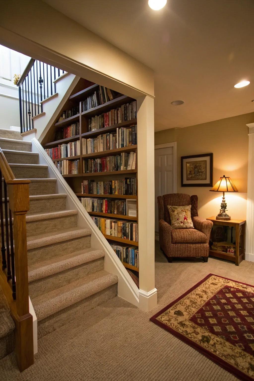 A snug library alcove beneath the steps appends character and functionality.