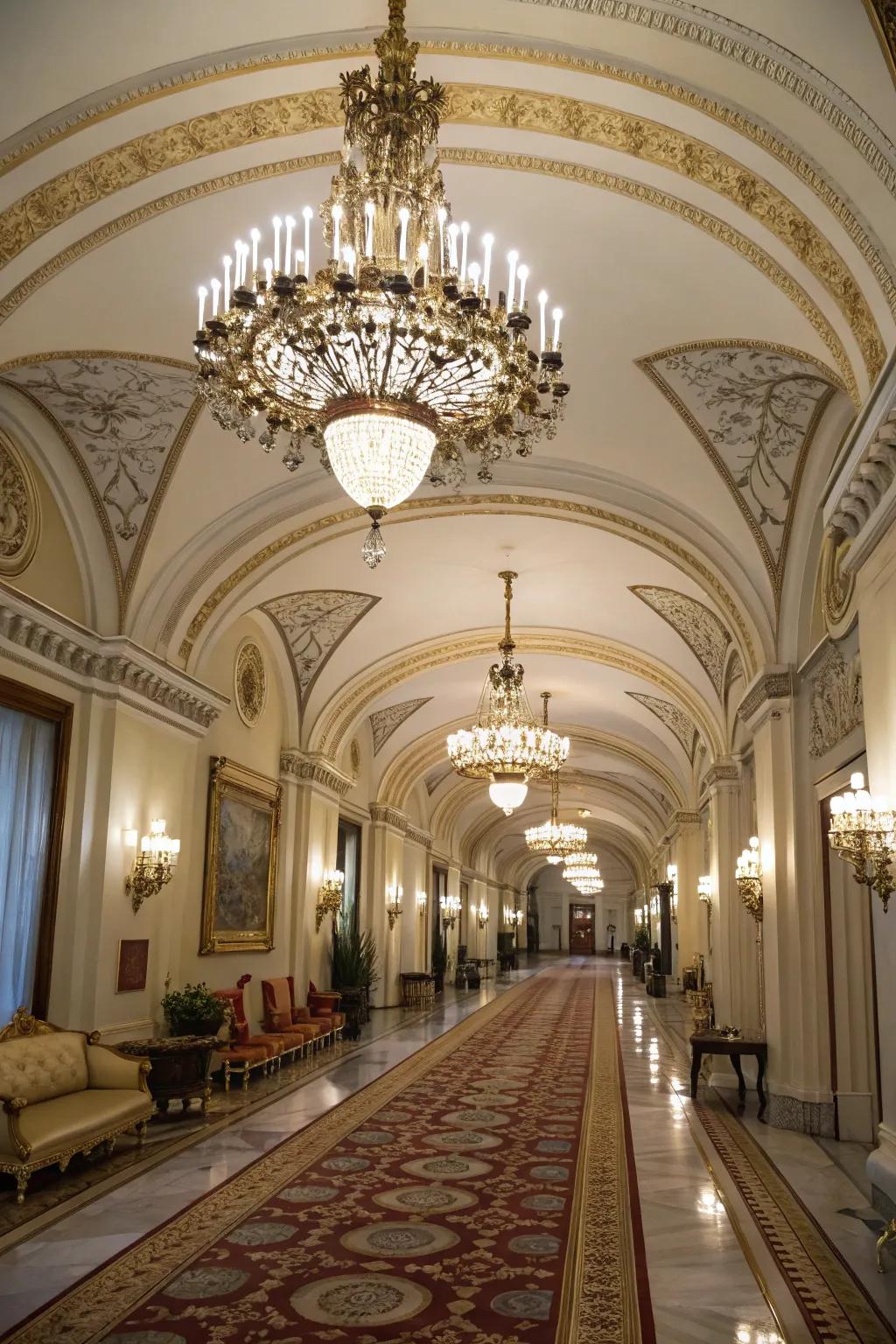 A luxurious hallway showcasing an arched ceiling for added drama.