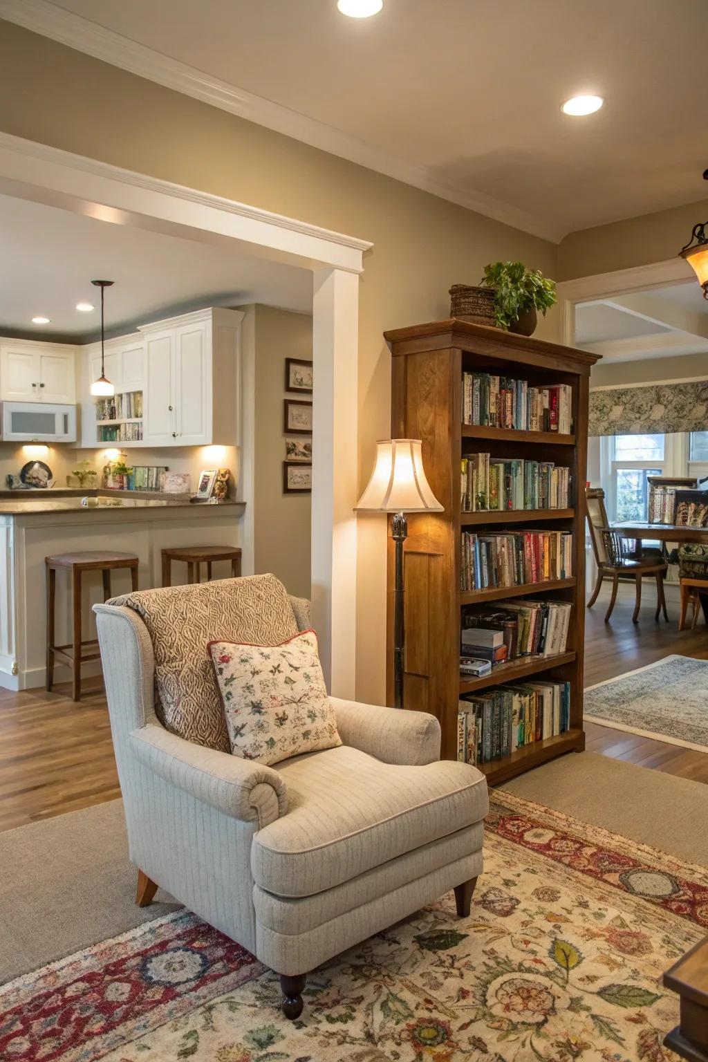 A reading corner provides a serene escape within the open space.