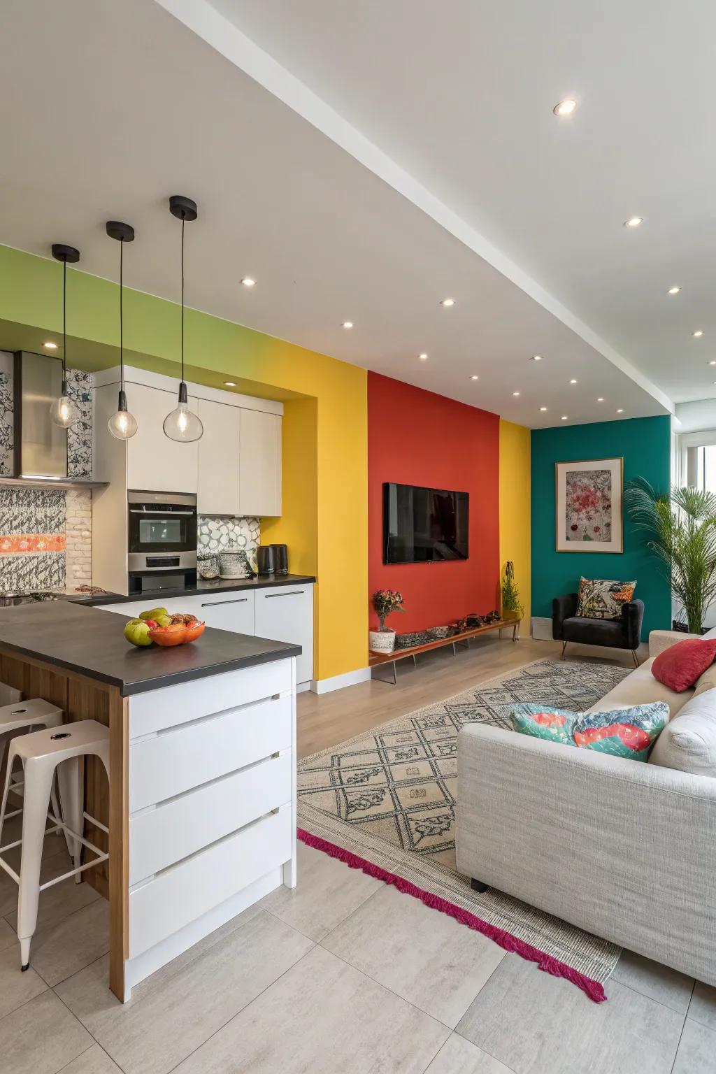 Color blocking brings vibrancy to open living areas.