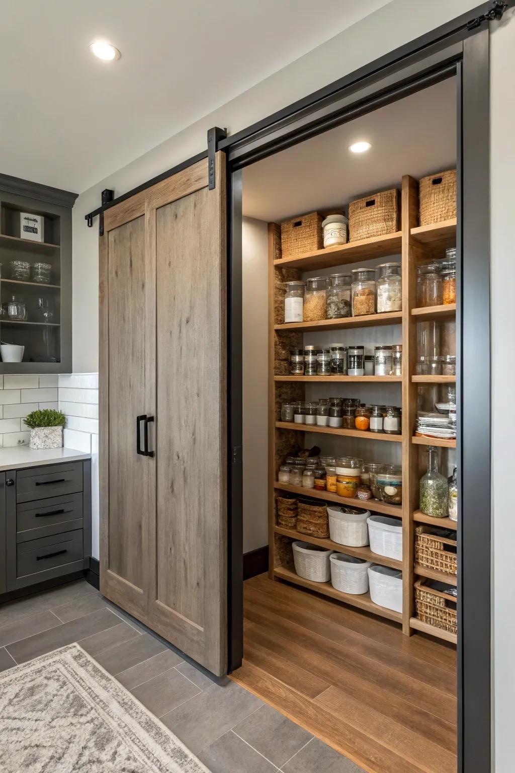 A slidable panel provides an elegant option to conceal pantry racks.