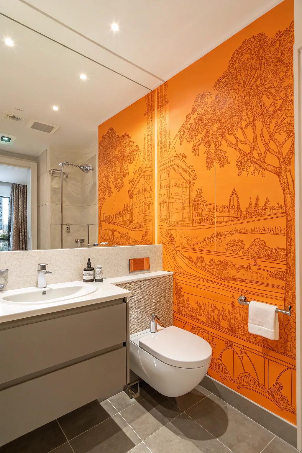 A bathroom enhanced by a vibrant citrus mural wall, adding artistic flair.