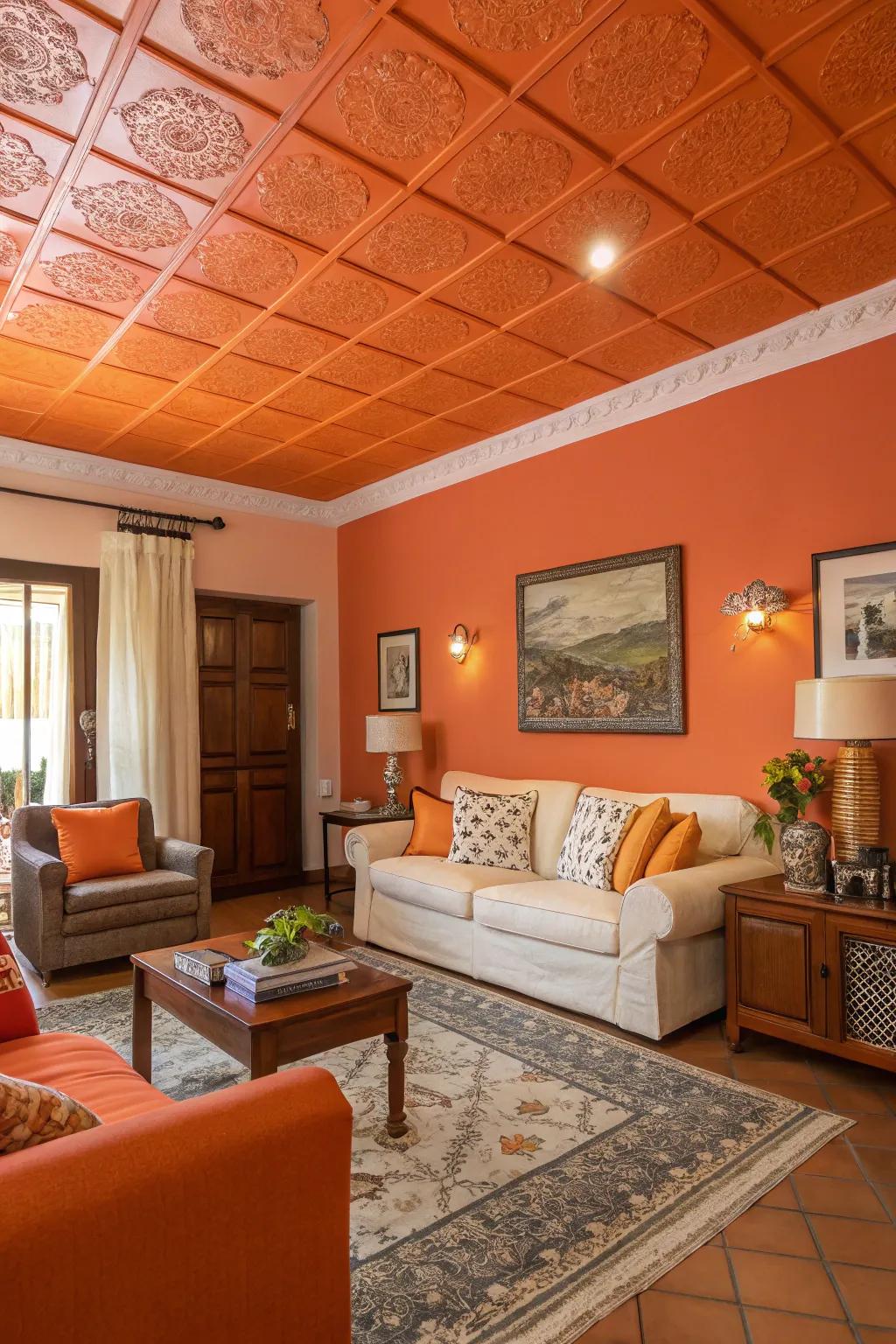 A tangerine ceiling injects an unexpected and trendy twist to this parlor.