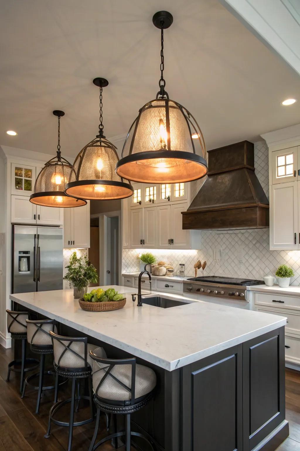 Statement lighting introduces drama and focuses attention in the kitchen space.