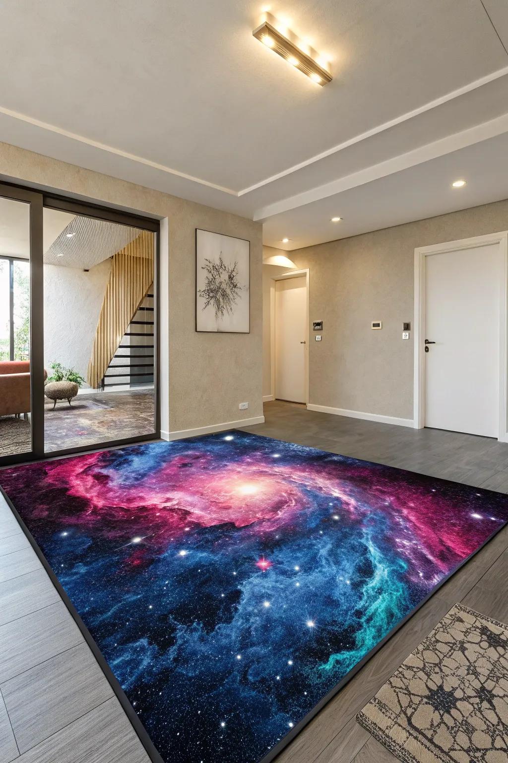 A nebula-patterned rug adds color and cosmic intrigue to your space.