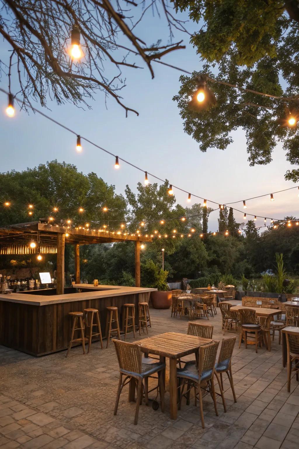 String lights add a whimsical touch to the bar.