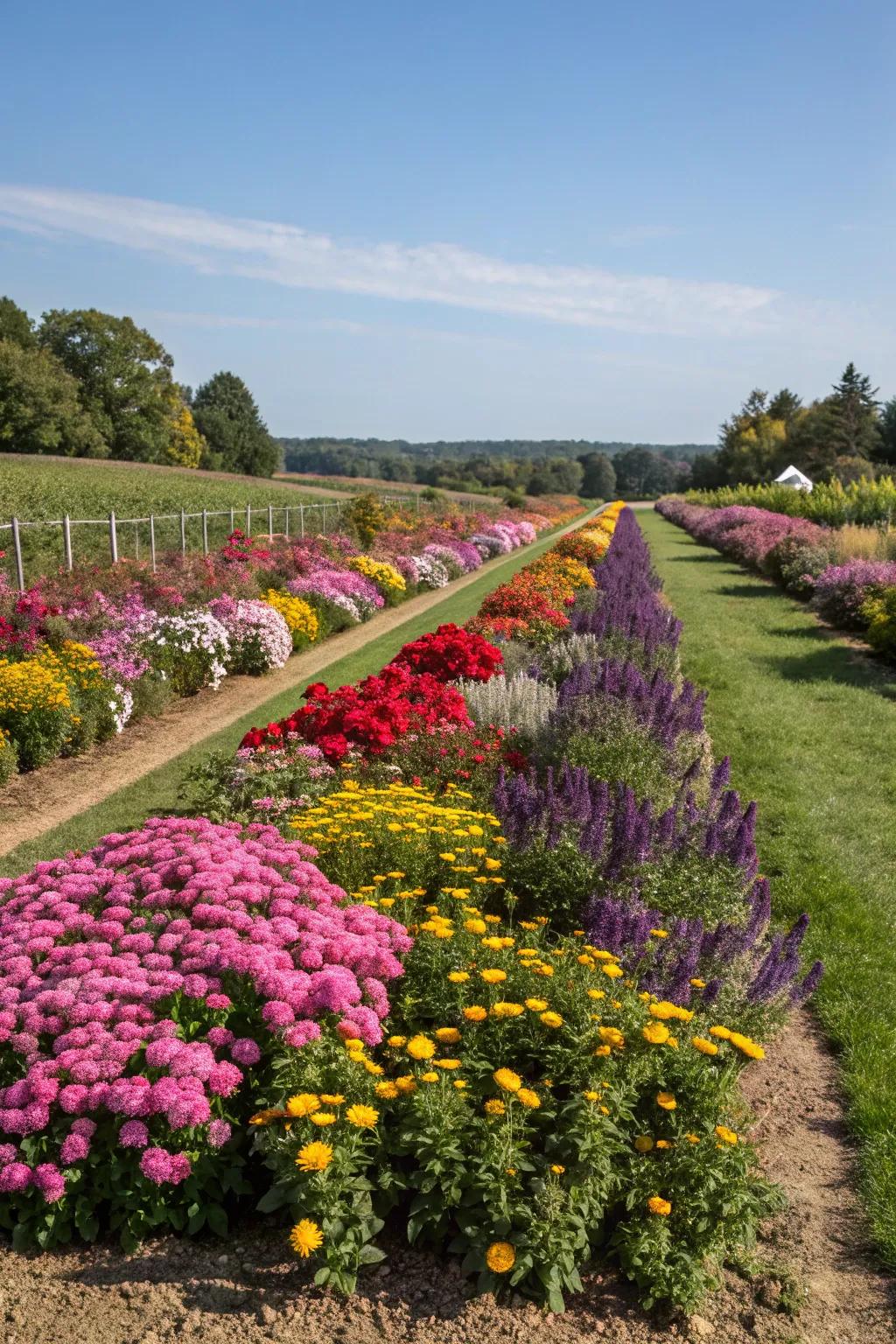 Floral borders create a natural pathway in the garden.